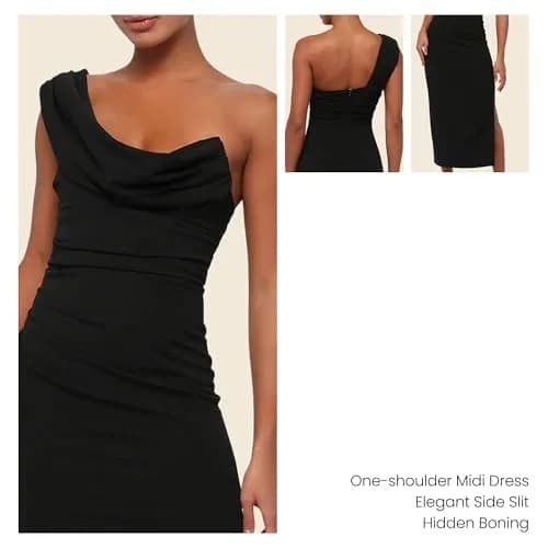 Lulus Scarlett Crepe Women's Cocktail Midi Dress, Black, Large | Elegant asymmetrical one-shoulder silhouette thumbnail 2