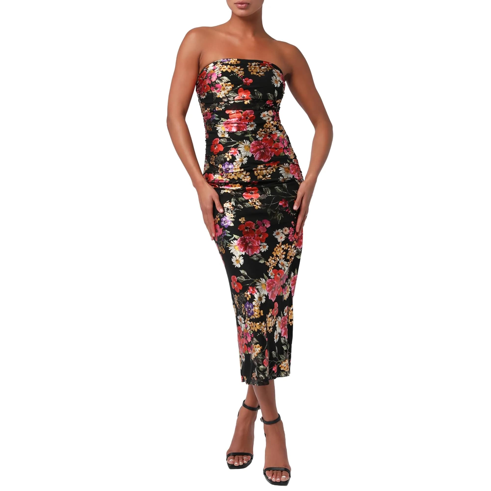 Lulus Pixie Sequin Chiffon Women's Cocktail Midi Dress, Black Floral, Large | Elegant Flare for Evening Events — Black Floral