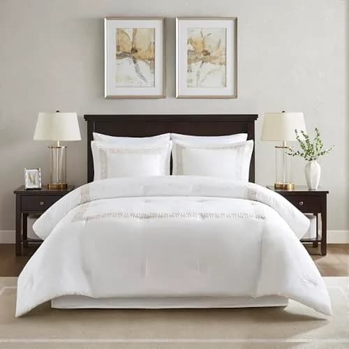 Harbor House Cotton Comforter Set White with Gold Greek Fret Embroidery Cal King | Hotel Style 300TC Cotton Bedding thumbnail 1