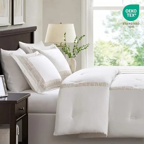 Harbor House Cotton Comforter Set White with Gold Greek Fret Embroidery Cal King | Hotel Style 300TC Cotton Bedding thumbnail 7