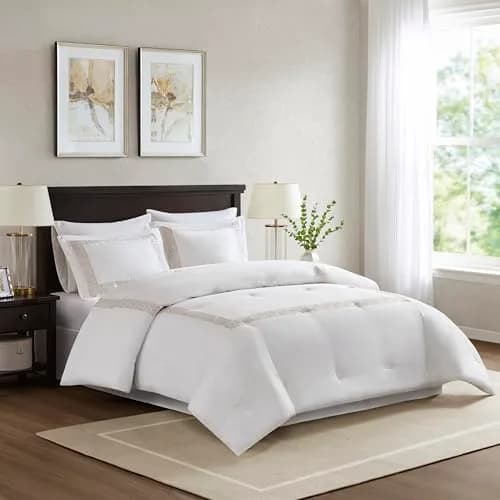 Harbor House Cotton Comforter Set White with Gold Greek Fret Embroidery Cal King | Hotel Style 300TC Cotton Bedding thumbnail 9