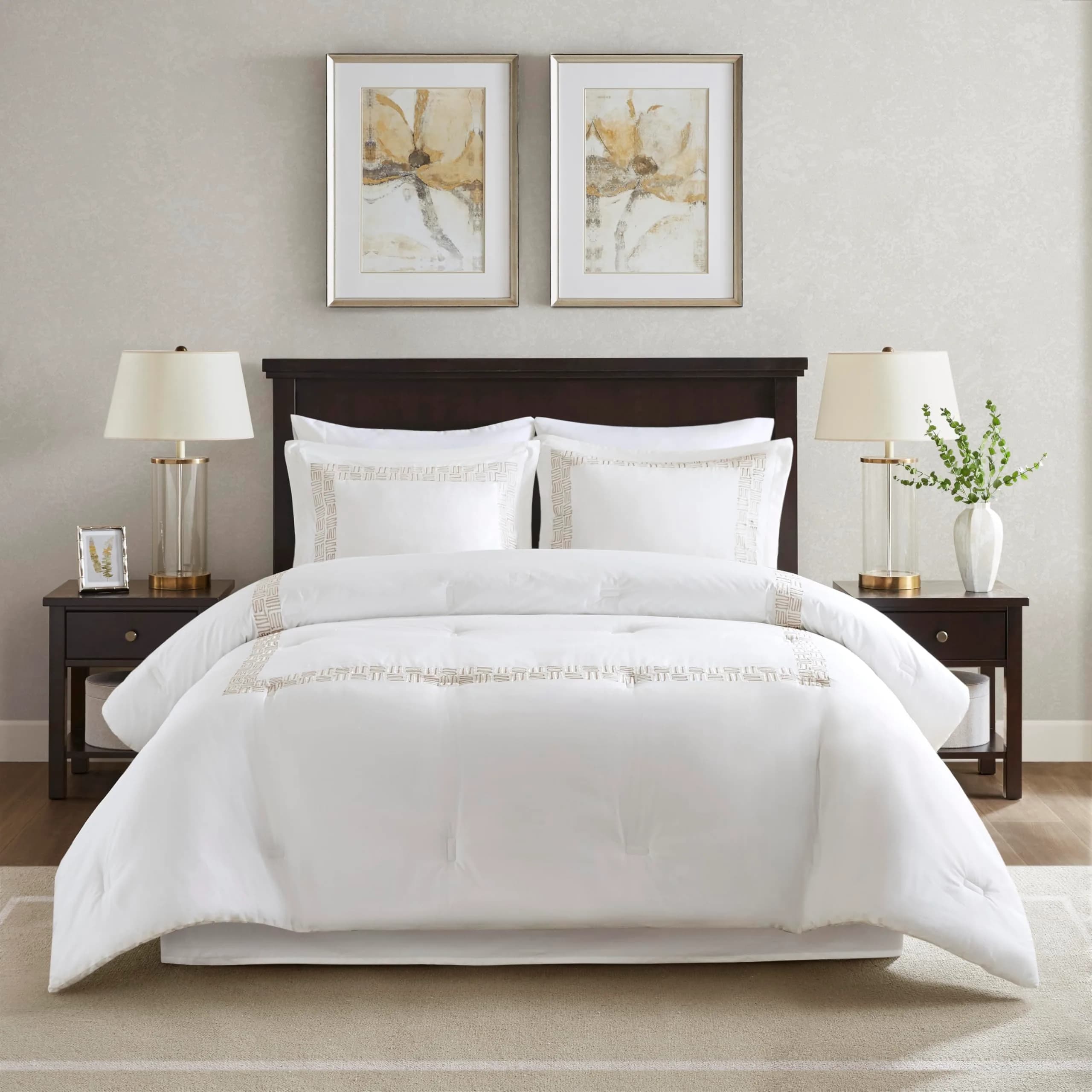 Harbor House Cotton Comforter Set White with Gold Greek Fret Embroidery King | Hotel-Style 300TC Cotton Bedding