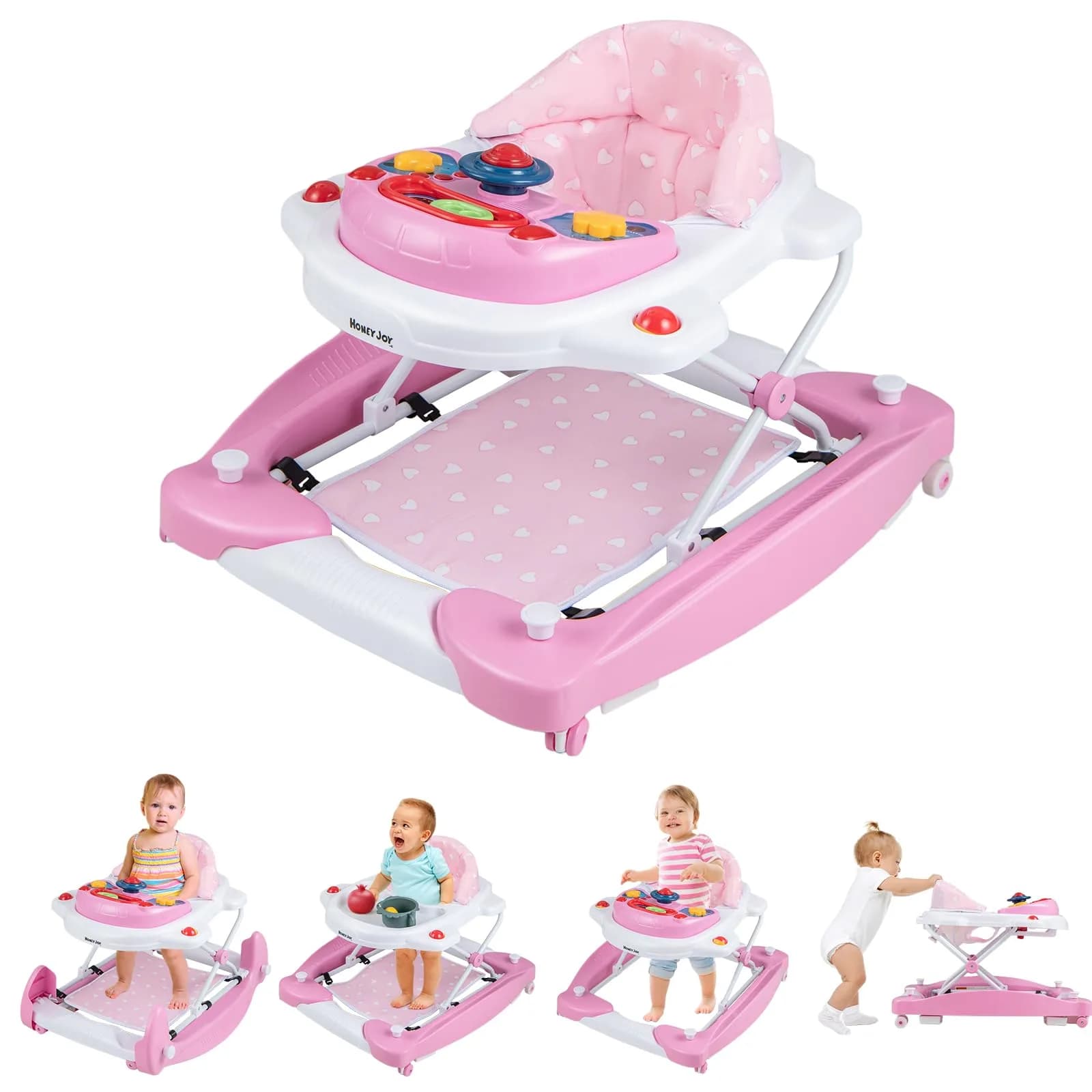 HONEY JOY Baby Walker 6-in-1 Foldable Infant Activity Walker with Wheels, Adjustable Heights, Music & Lights, for 7-14 Months