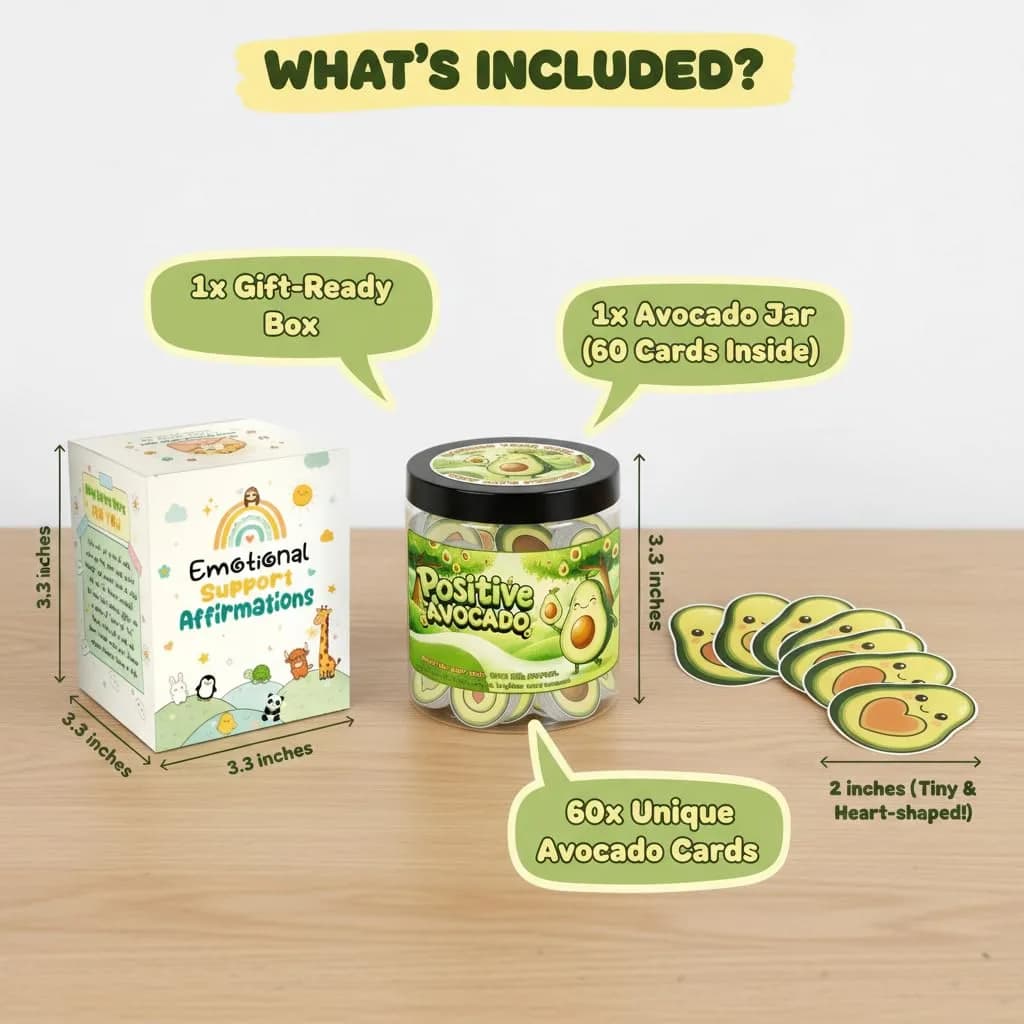 DEARMINE Positive Avocado Jar with 60 Daily Affirmation Cards, Emotional Support Avocado Decor, Gift for Women and Teens, Inspirational Mental Health Jar (Pack of 1) - view 3