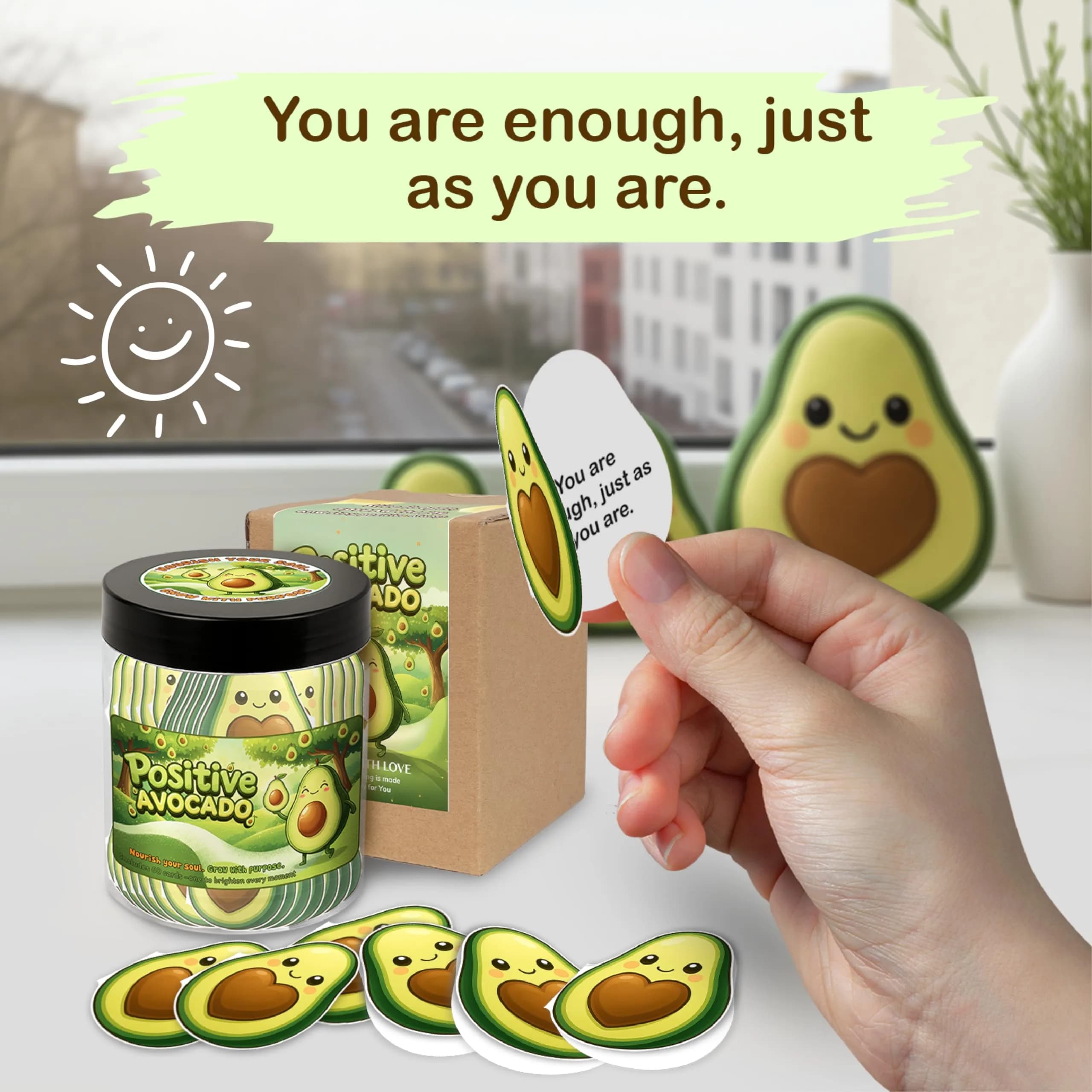 DEARMINE Positive Avocado Jar with 60 Daily Affirmation Cards, Emotional Support Avocado Decor, Gift for Women and Teens, Inspirational Mental Health Jar (Pack of 1) - view 9