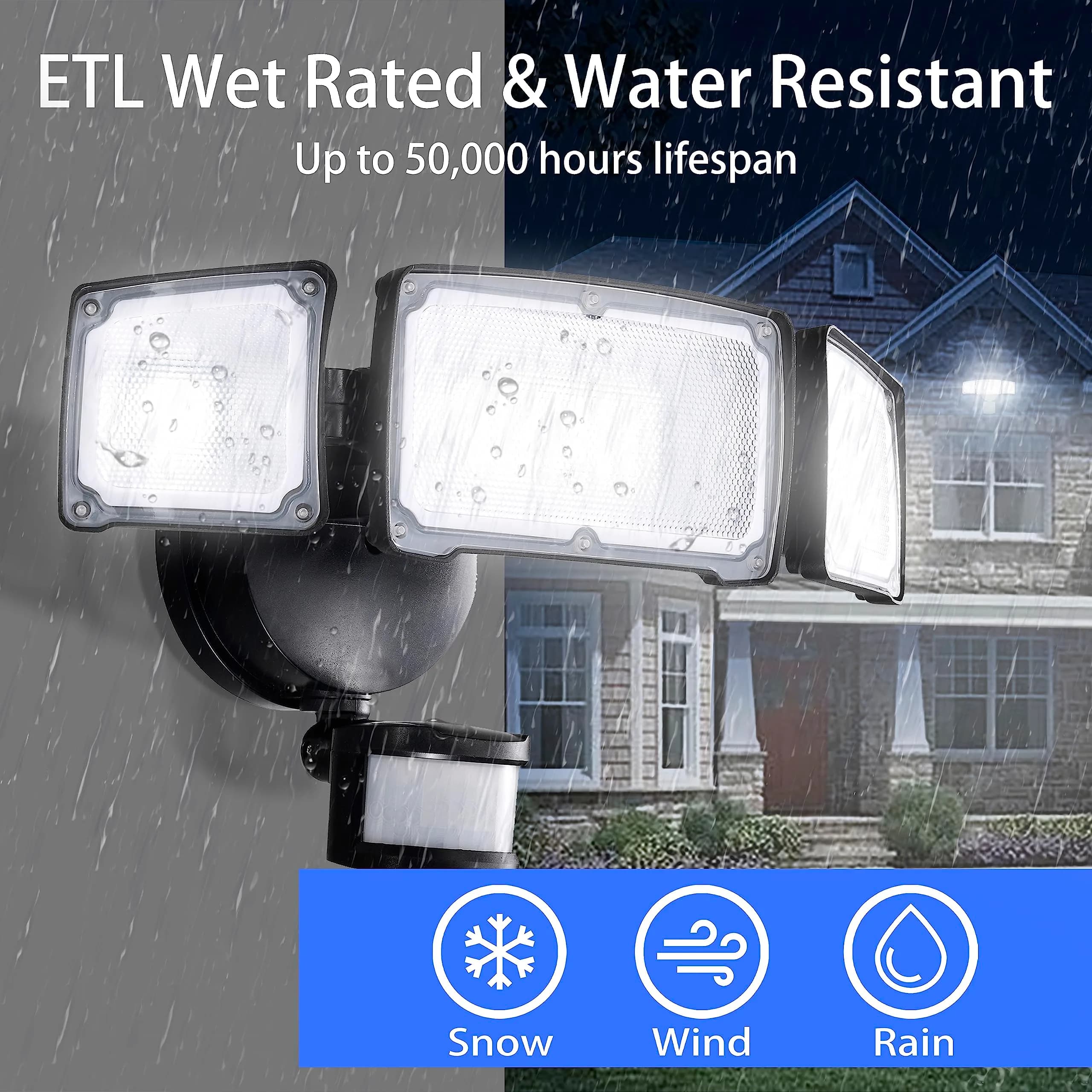 AWSENS Upgraded 3 Head LED Security Lights with Motion Sensor, 3800LM 40W 5000K Daylight White, 2-Pack Black | ETL Water Resistant Outdoor Floodlight - view 2