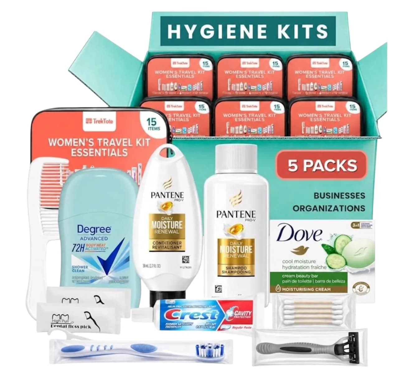 TREKTOTE Hygiene Kits Bulk 5 Pack | Women's Travel Size Toiletries for Care Packages — Clear