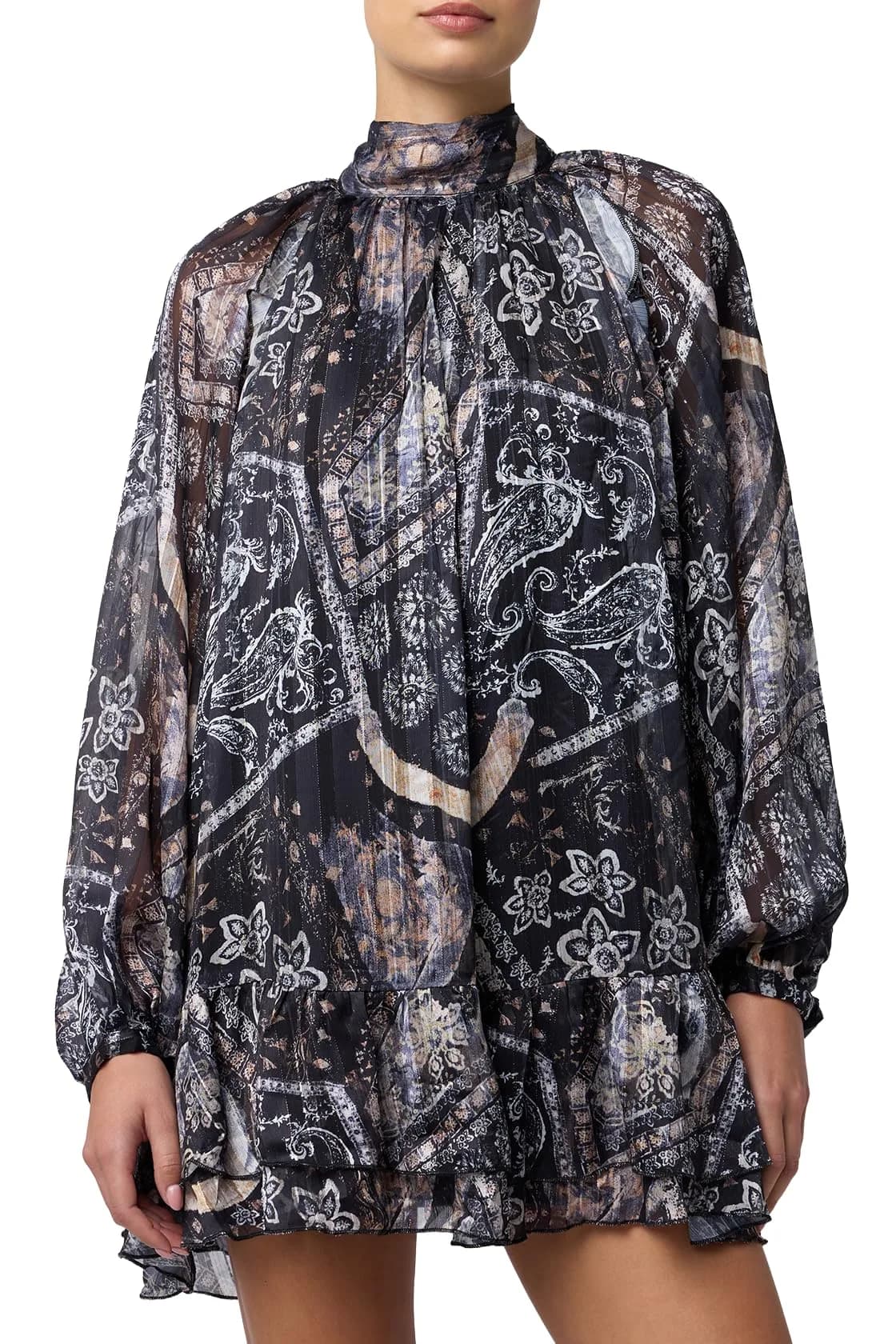 Lulus Casey Mock Neck Floral Mini Dress, Black Floral, Extra Small | Boho-Chic, Flowy & Versatile for Women - main product image