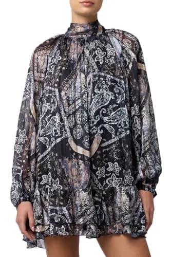 Lulus Casey Mock Neck Floral Mini Dress, Black Floral, Extra Small | Boho-Chic, Flowy & Versatile for Women thumbnail 1