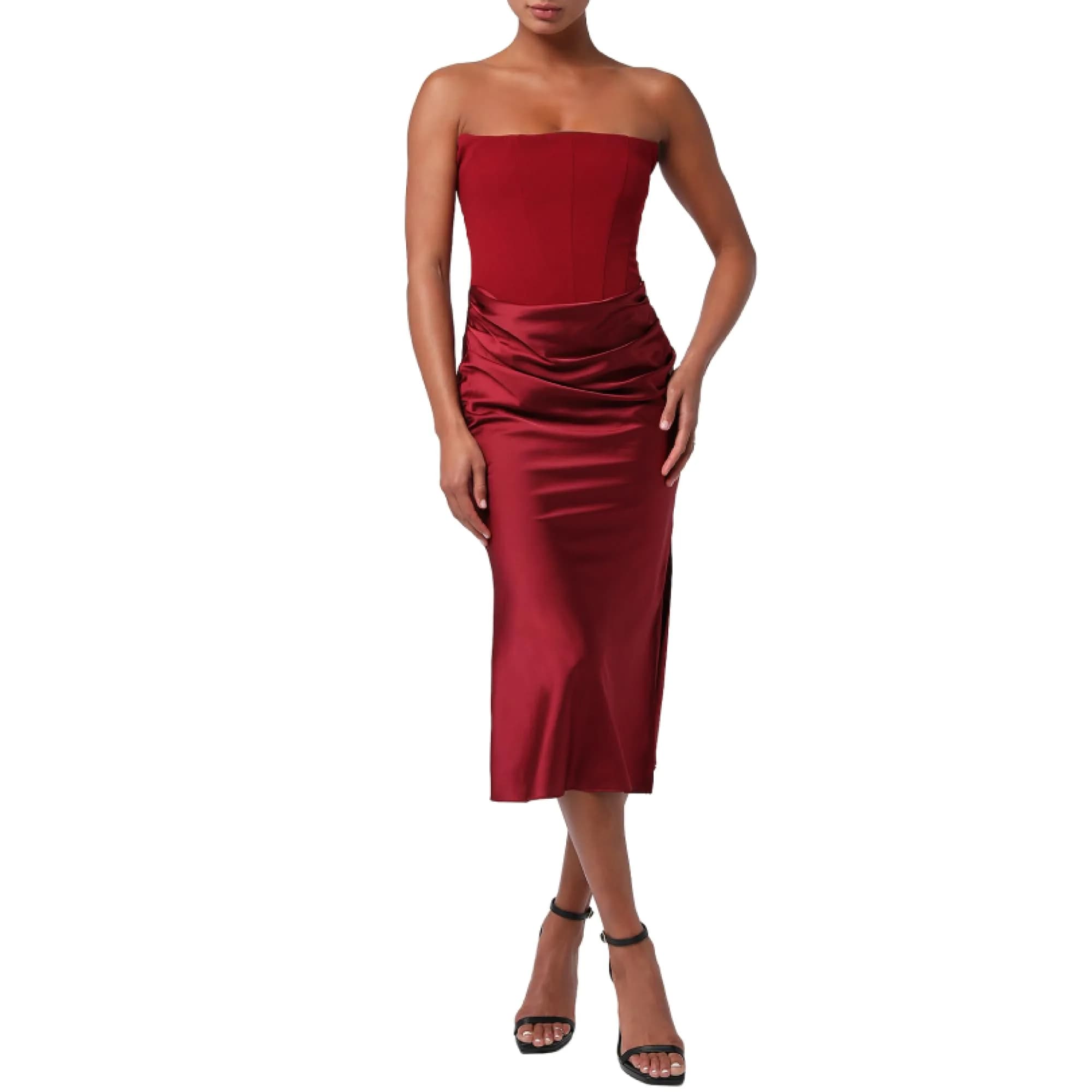 Lulus Tarni Drape Front Women's Cocktail Midi Dress, Chianti, Large | Elegant Satin, Supportive Corset, Side Slit — Large