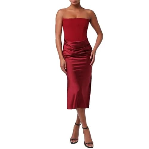Lulus Tarni Drape Front Women's Cocktail Midi Dress, Chianti, Extra Small | Elegant Satin, Supportive Corset, Side Slit thumbnail 1