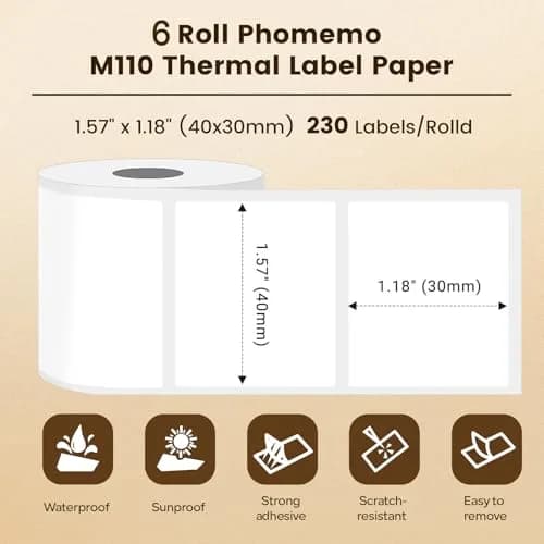 Phomemo M110 Thermal Labels 40x30mm (1.57"x1.18") Black on White, 6 Rolls | Professional Grade Labels for Small Business thumbnail 6