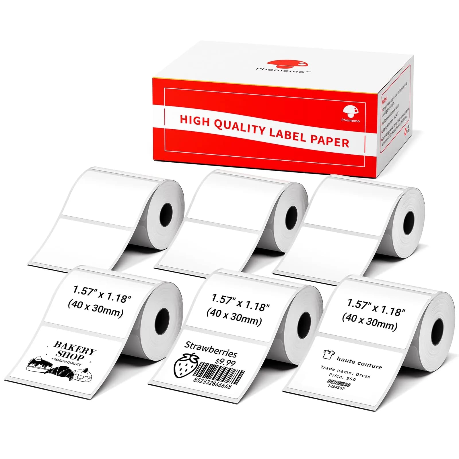 Phomemo M110 Thermal Labels 40x30mm (1.57"x1.18") Black on White, 6 Rolls | Professional Grade Labels for Small Business