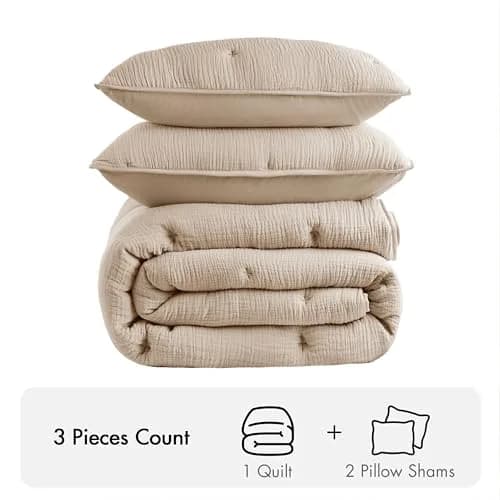 Harbor House Blue Cotton Muslin Quilt Set Taupe | Lightweight All-Season Comfort with OEKO-TEX Certified Fabric thumbnail 4
