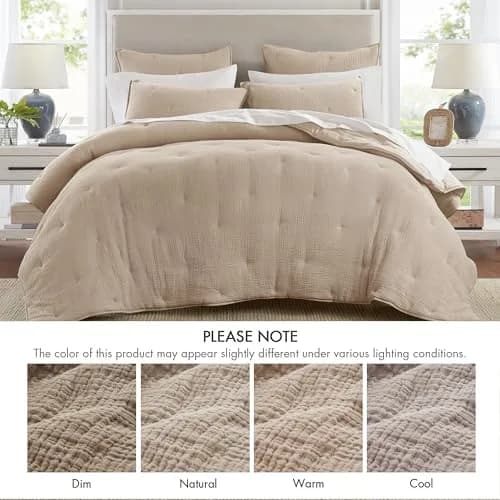 Harbor House Blue Cotton Muslin Quilt Set Taupe | Lightweight All-Season Comfort with OEKO-TEX Certified Fabric thumbnail 6