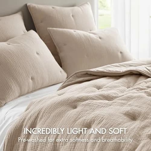 Harbor House Blue Cotton Muslin Quilt Set Taupe | Lightweight All-Season Comfort with OEKO-TEX Certified Fabric thumbnail 3