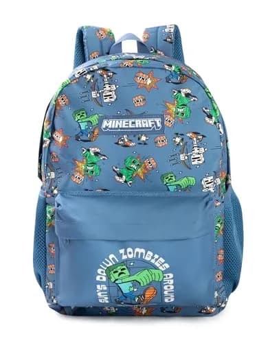 Minecraft Kids Backpack | Creeper Zombie Cartoon Design | 22.7L | Zip & Hook Closure thumbnail 1
