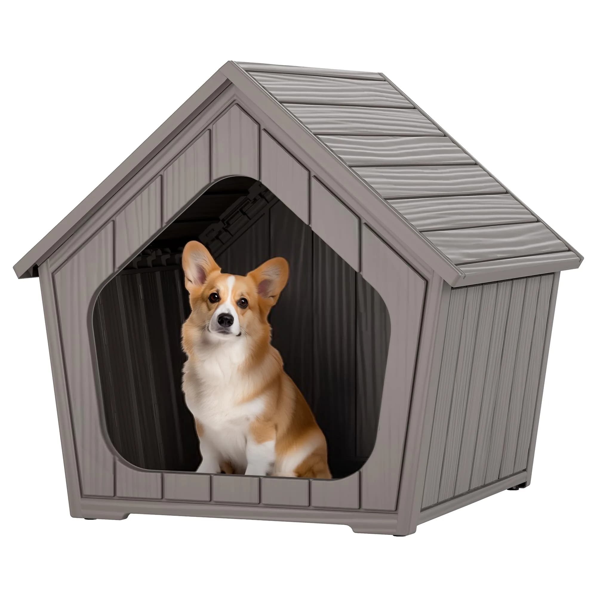 Fancyango Small Dog House Outdoor Indoor Waterproof Plastic with Elevated Floor, Easy Assembly (Grey, 23.5" L×22.5" W×22.2" H)