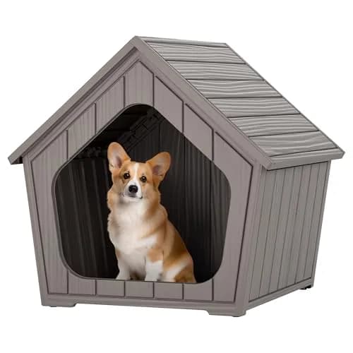 Fancyango Small Dog House Outdoor Indoor Waterproof Plastic with Elevated Floor, Easy Assembly (Grey, 23.5" L×22.5" W×22.2" H) thumbnail 1