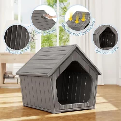 Fancyango Small Dog House Outdoor Indoor Waterproof Plastic with Elevated Floor, Easy Assembly (Grey, 23.5" L×22.5" W×22.2" H) thumbnail 4