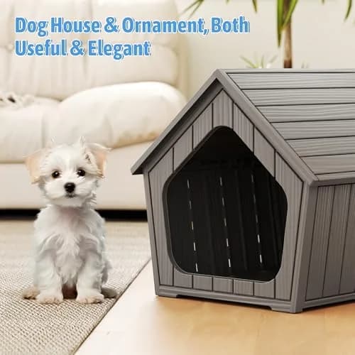 Fancyango Small Dog House Outdoor Indoor Waterproof Plastic with Elevated Floor, Easy Assembly (Grey, 23.5" L×22.5" W×22.2" H) thumbnail 5