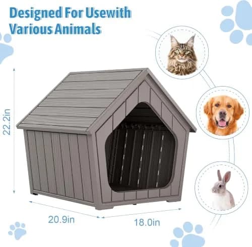 Fancyango Small Dog House Outdoor Indoor Waterproof Plastic with Elevated Floor, Easy Assembly (Grey, 23.5" L×22.5" W×22.2" H) thumbnail 3