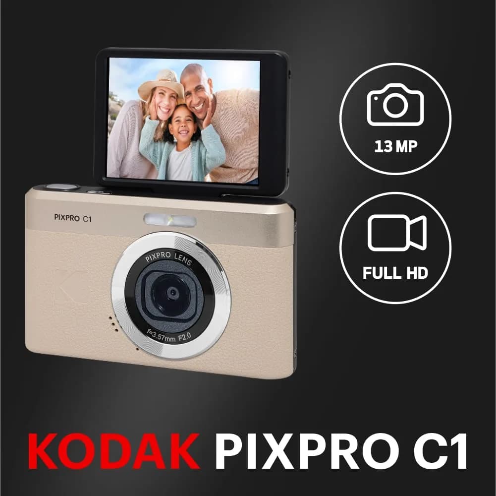 Kodak PIXPRO C1 Compact Digital Camera, 13MP 1/3 BSI CMOS, 28mm f/2.0, 4x Digital Zoom, 2.8" 180° Flip LCD, 1080p HD Video, Tan | 13MP 1/3 BSI CMOS Sensor - view 2