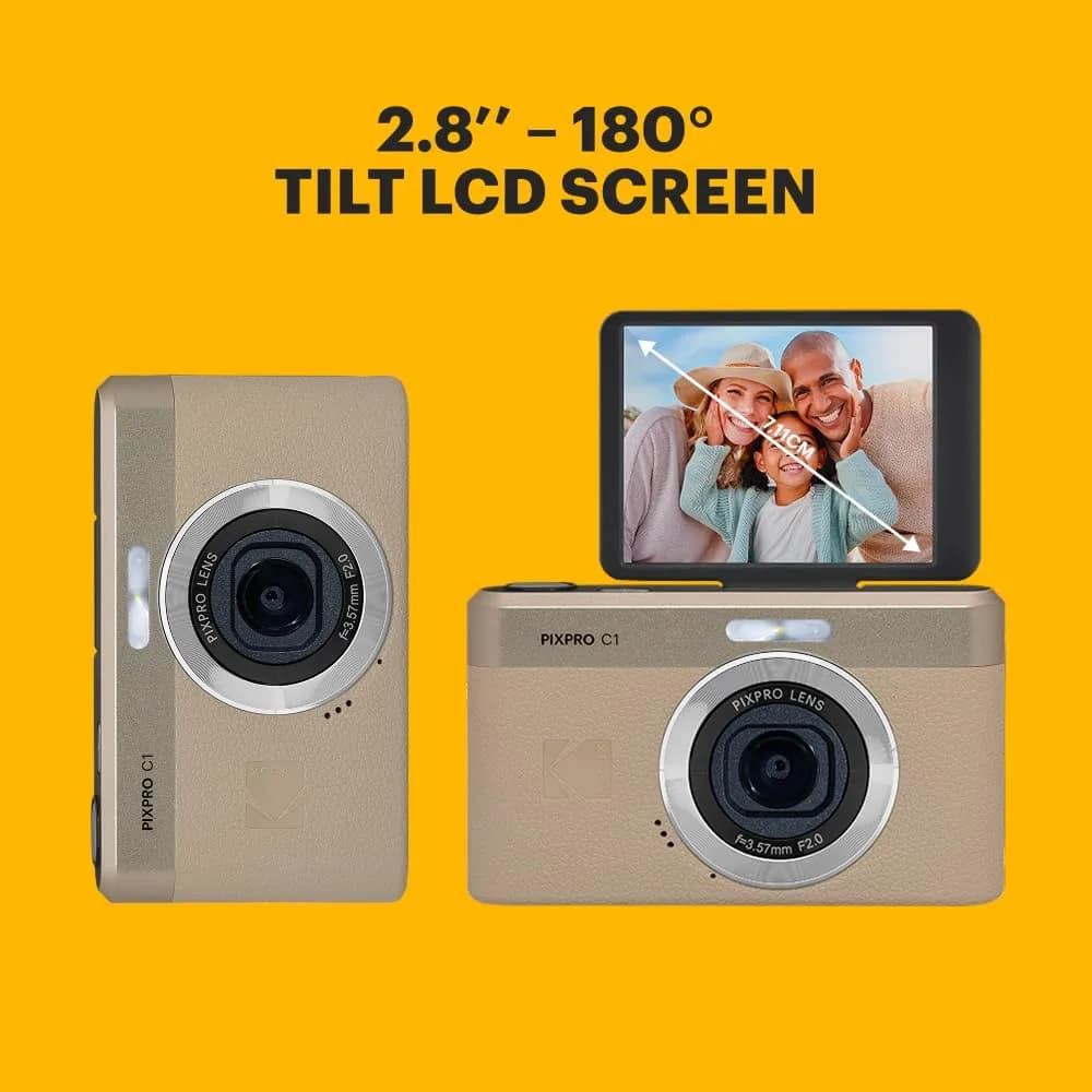 Kodak PIXPRO C1 Compact Digital Camera, 13MP 1/3 BSI CMOS, 28mm f/2.0, 4x Digital Zoom, 2.8" 180° Flip LCD, 1080p HD Video, Tan | 13MP 1/3 BSI CMOS Sensor - view 3