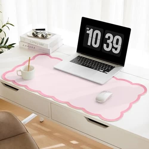 Ohocut Scalloped Desk Mat 31.5" x 15.7" | Pink PU Leather Large Desk Accessory thumbnail 1