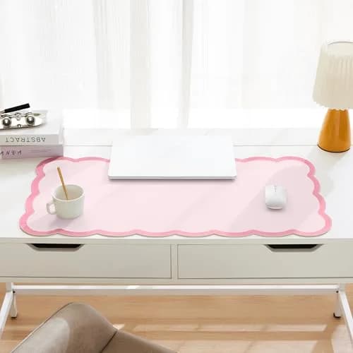 Ohocut Scalloped Desk Mat 31.5" x 15.7" | Pink PU Leather Large Desk Accessory thumbnail 2