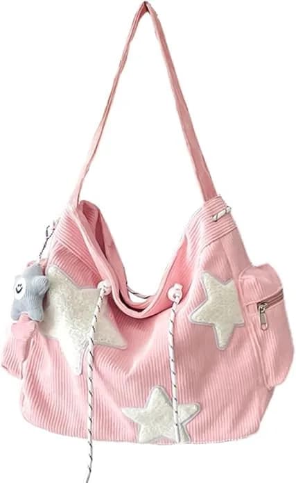 Tuobo Crossbody Bag for Women, Corduroy Y2K Aesthetic Shoulder Bag, Cute Messenger Tote (13.8"L x 11.8"H), Pink thumbnail 1