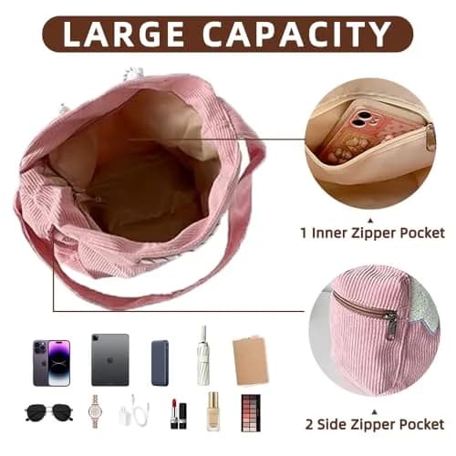 Tuobo Crossbody Bag for Women, Corduroy Y2K Aesthetic Shoulder Bag, Cute Messenger Tote (13.8"L x 11.8"H), Pink thumbnail 6