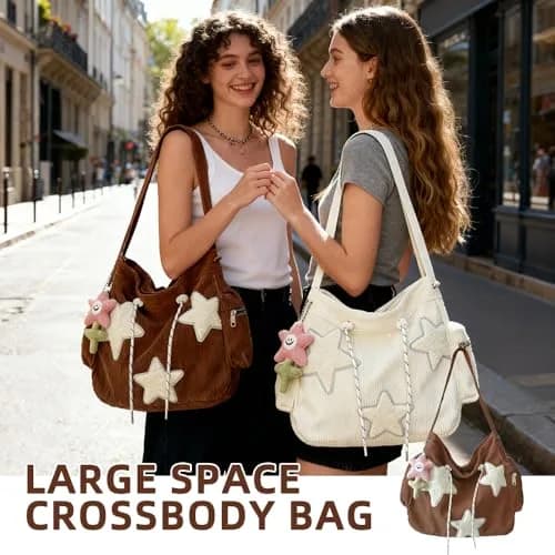 Tuobo Crossbody Bag for Women, Corduroy Y2K Aesthetic Shoulder Bag, Cute Messenger Tote (13.8"L x 11.8"H), Pink thumbnail 3
