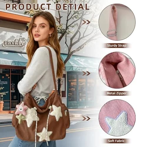 Tuobo Crossbody Bag for Women, Corduroy Y2K Aesthetic Shoulder Bag, Cute Messenger Tote (13.8"L x 11.8"H), Pink thumbnail 4