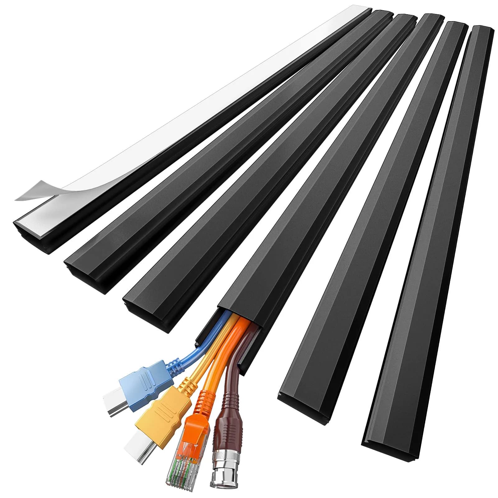 Delamu Large Cable Hider Raceway Kit 2.9cm W x 1.7cm H x 216cm L | Conceals 3-4 Wires on Wall — Black / 1.18in W x 0.67in H x 85in L