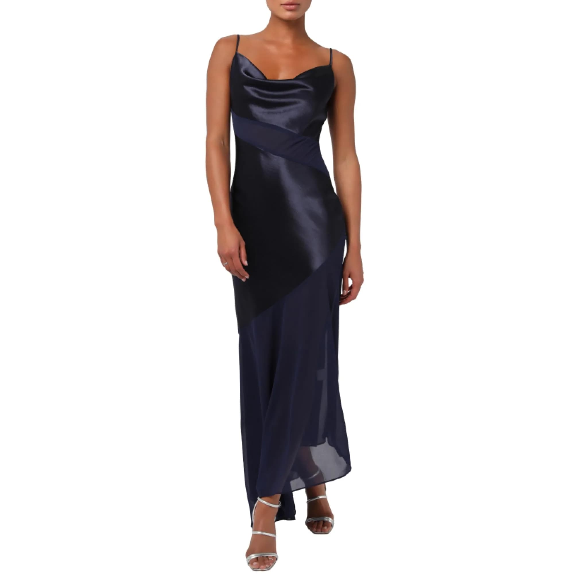 Lulus Lainey Cowl Neck Women's Maxi Dress, Navy, Large | Elegant Satin Gown for Wedding & Formal Events