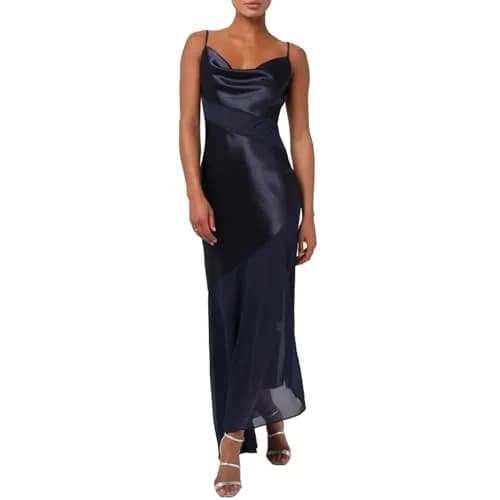 Lulus Lainey Cowl Neck Women's Maxi Dress, Navy, Large | Elegant Satin Gown for Wedding & Formal Events thumbnail 1