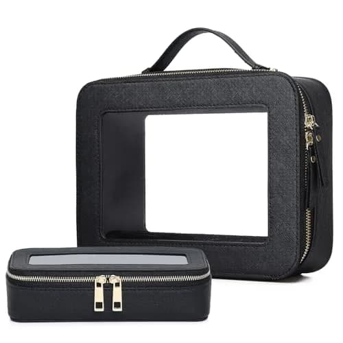 Pinkmik Clear Makeup Bag with Brush Bag, Black L+SLIM | TSA Approved Travel Toiletry Bag thumbnail 1
