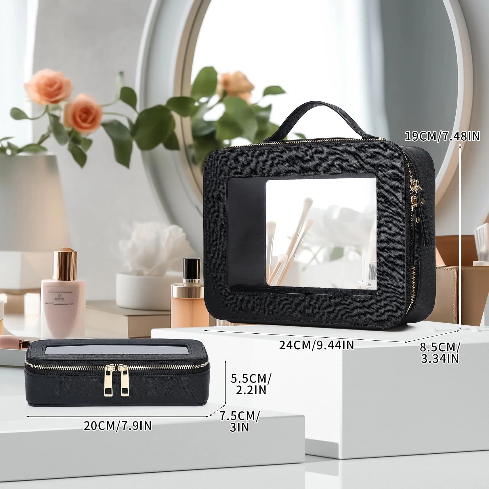 Pinkmik Clear Makeup Bag with Brush Bag, Black L+SLIM | TSA Approved Travel Toiletry Bag - view 4