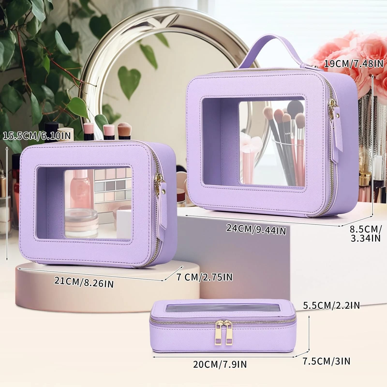 Pinkmik B5/Purple Clear Makeup Bag Set, L+M+SLIM | TSA Approved Travel Cosmetic Case - view 2