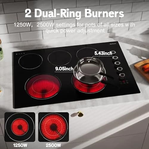 Karienvir 30 Inch Electric Cooktop 5 Burner 8600W Dual Ring Knob & Touch 76.2 cm (30 Inch) thumbnail 5