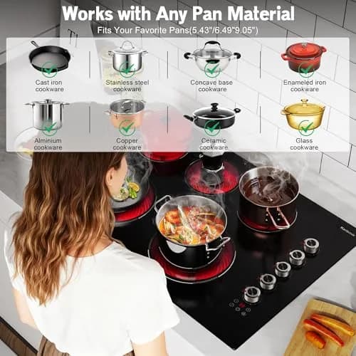 Karienvir 30 Inch Electric Cooktop 5 Burner 8600W Dual Ring Knob & Touch 76.2 cm (30 Inch) thumbnail 7