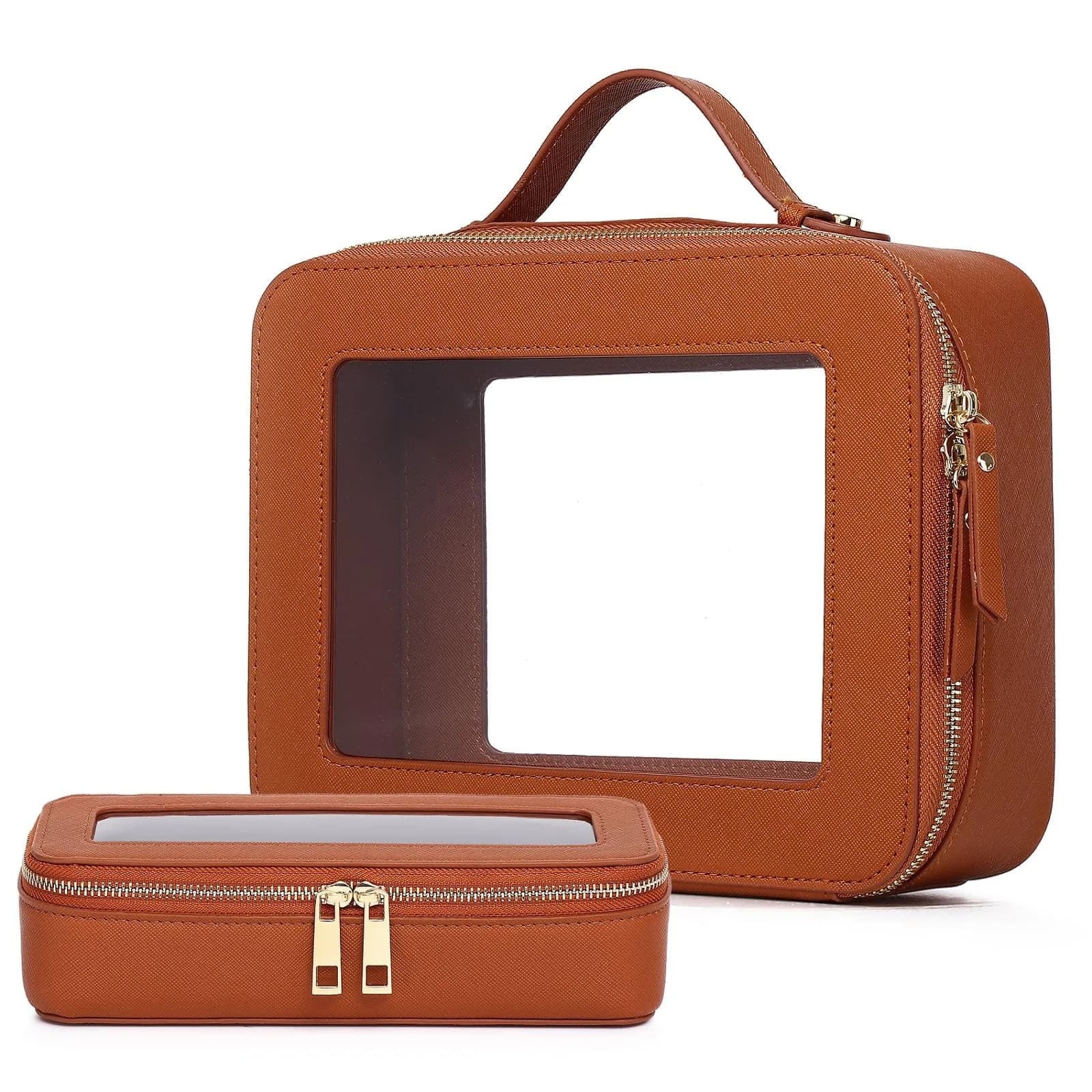 Pinkmik Brown Clear Makeup Bag Set, L+SLIM Size | TSA Approved Travel Cosmetic Case - main product image