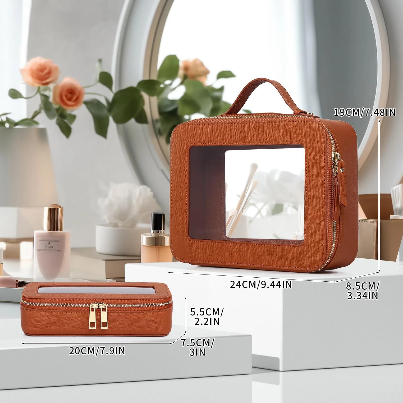 Pinkmik Brown Clear Makeup Bag Set, L+SLIM Size | TSA Approved Travel Cosmetic Case - view 2