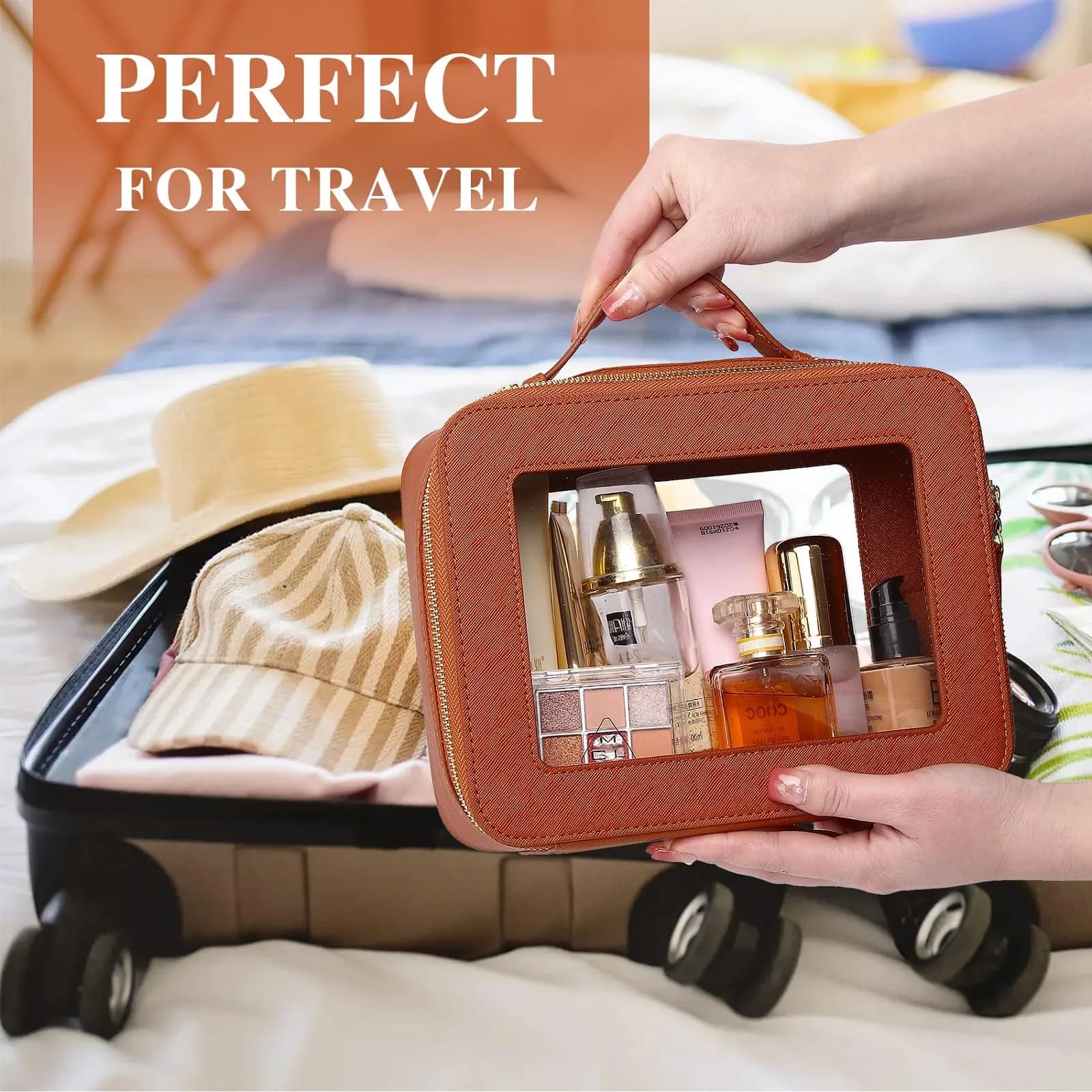 Pinkmik Brown Clear Makeup Bag Set, L+SLIM Size | TSA Approved Travel Cosmetic Case - view 4