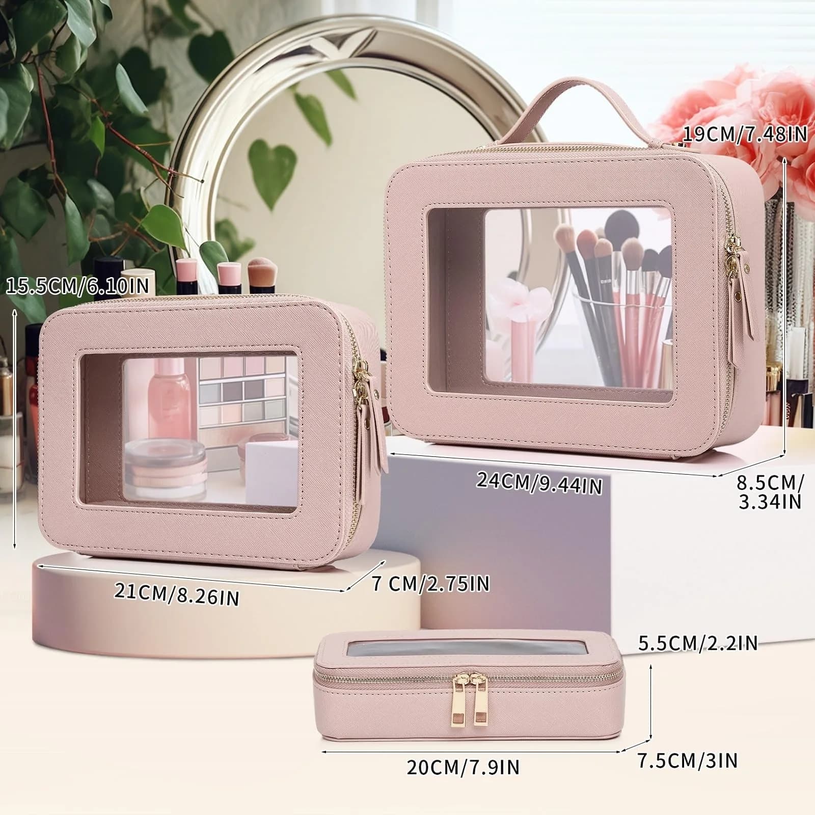 Pinkmik B5/Pink Clear Makeup Bag Set, L+M+SLIM (3-Piece) | TSA Approved Travel Cosmetic Case - view 2