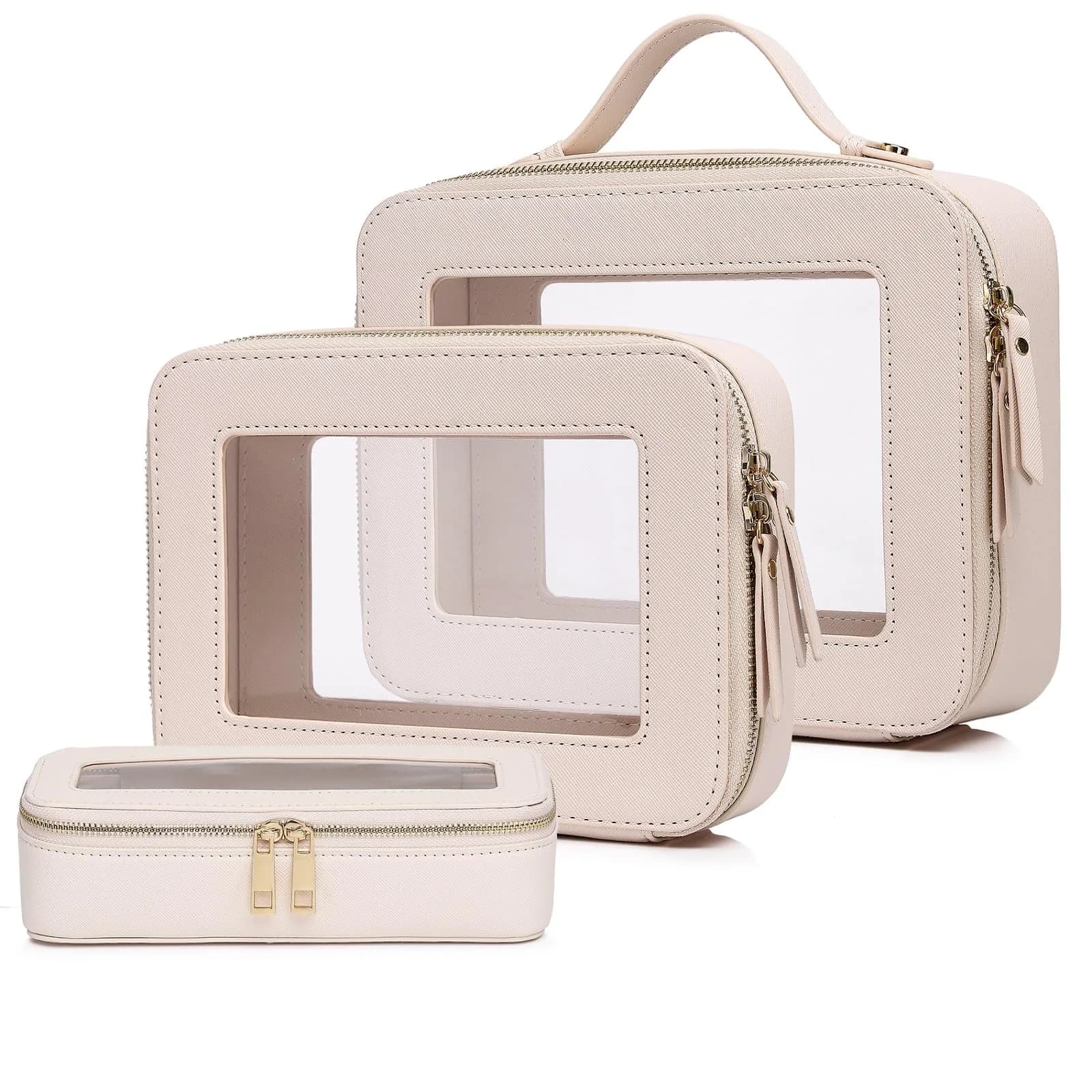 Pinkmik Beige Clear Makeup Bag Set, L+M+SLIM (3-Piece) | TSA Approved Travel Cosmetic Case - main product image