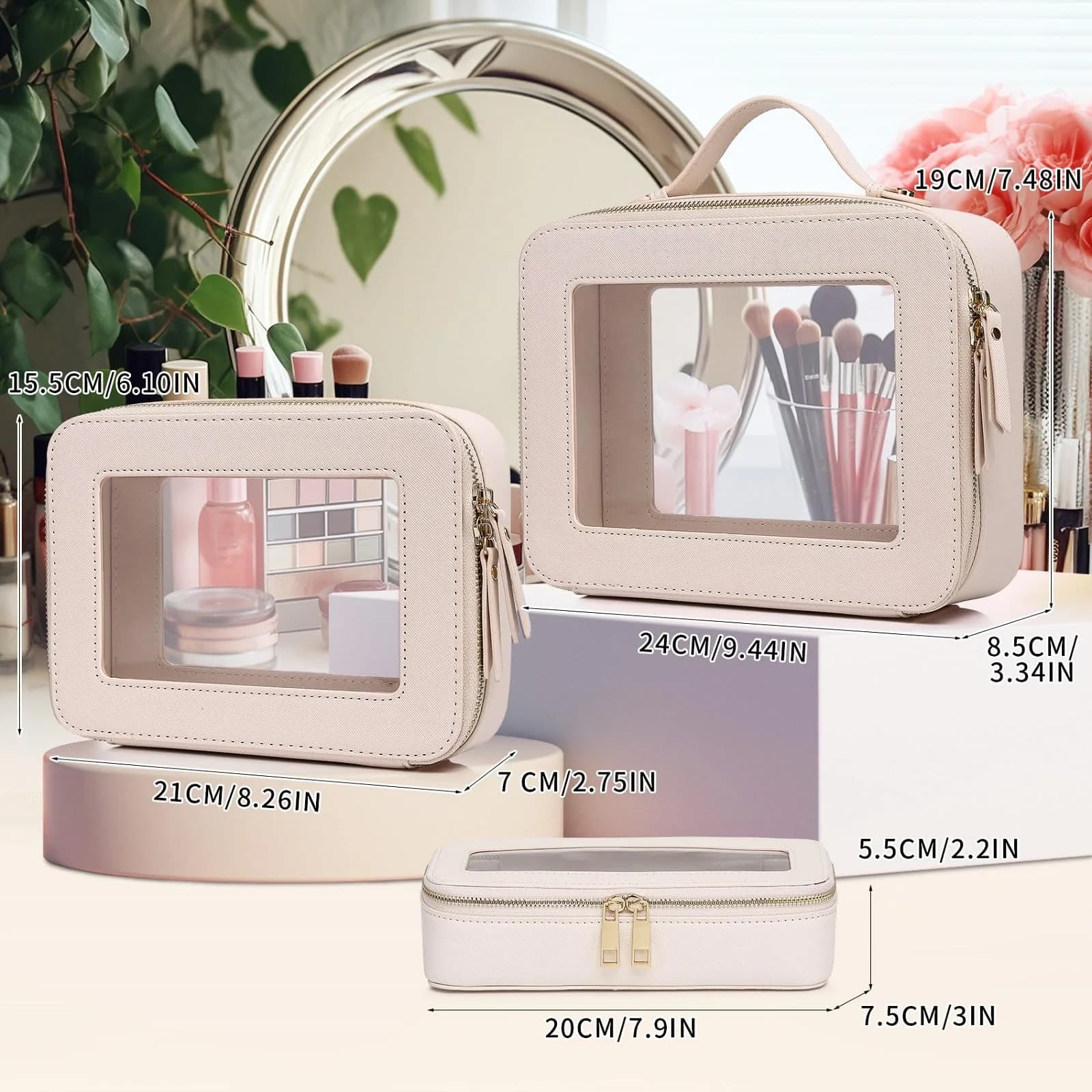 Pinkmik Beige Clear Makeup Bag Set, L+M+SLIM (3-Piece) | TSA Approved Travel Cosmetic Case - view 2