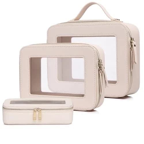 Pinkmik Beige Clear Makeup Bag Set, L+M+SLIM (3-Piece) | TSA Approved Travel Cosmetic Case - main product image