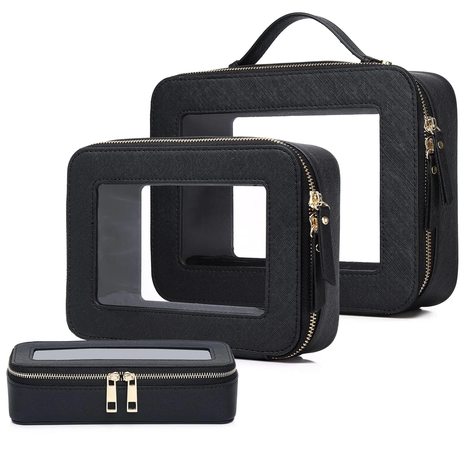 Pinkmik Black Clear Makeup Bag Set, L+M+SLIM (3-Piece) | TSA Approved Travel Cosmetic Case - main product image